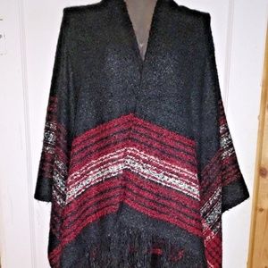 Shaw Wrap Poncho Red, White & Black Fringed Great
